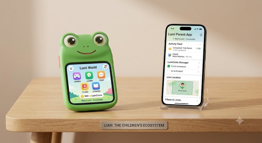 A green frog-shaped Lumi device on a wooden table, showing its home screen, beside a phone running the Lumi Parent App with an activity feed, LumiCoins and live location.